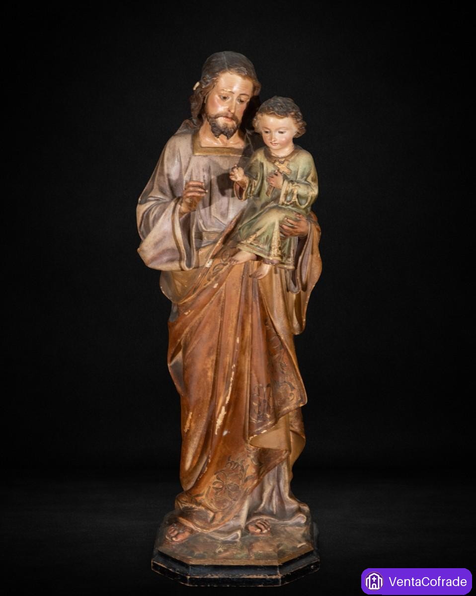 San José con Niño talla Olot policromada siglo XIX arte sacro 52 cm - foto 1