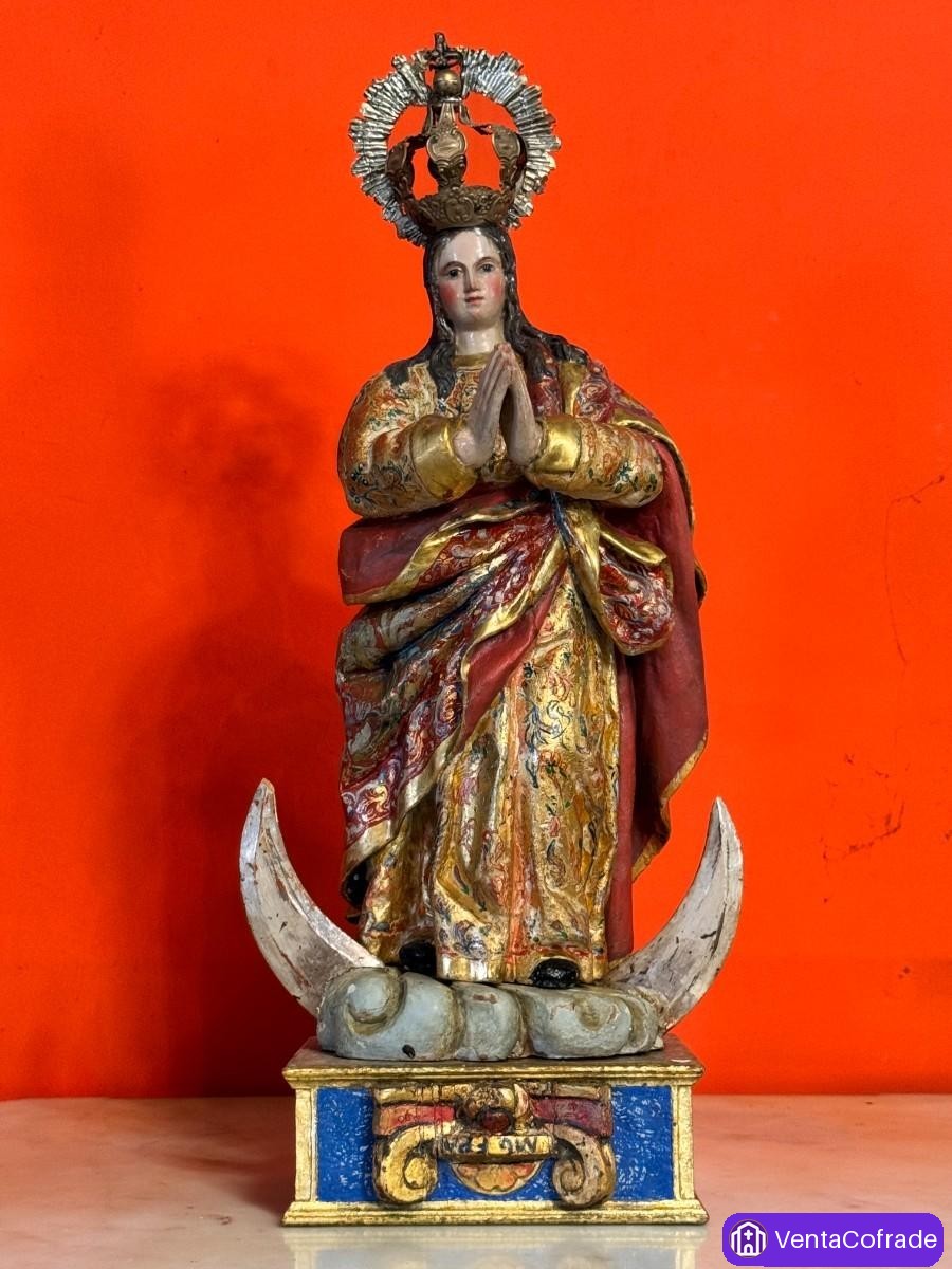 Inmaculada Concepción s. XVII madera tallada policromada y estofada española - foto 6