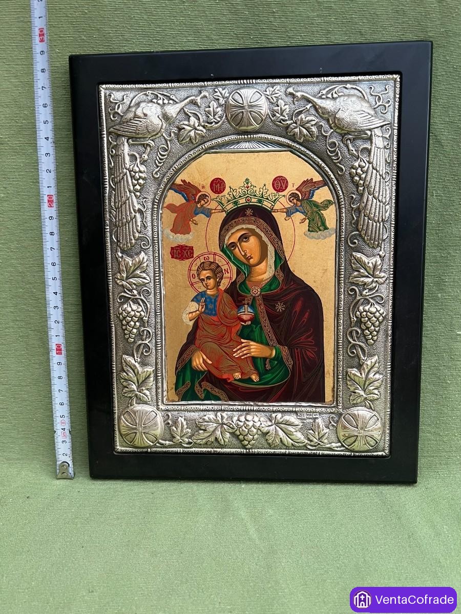 Icono Bizantino de la Virgen con el Niño, Pintado a Mano sobre Madera, Marco en Plata de Ley 925 - foto 6