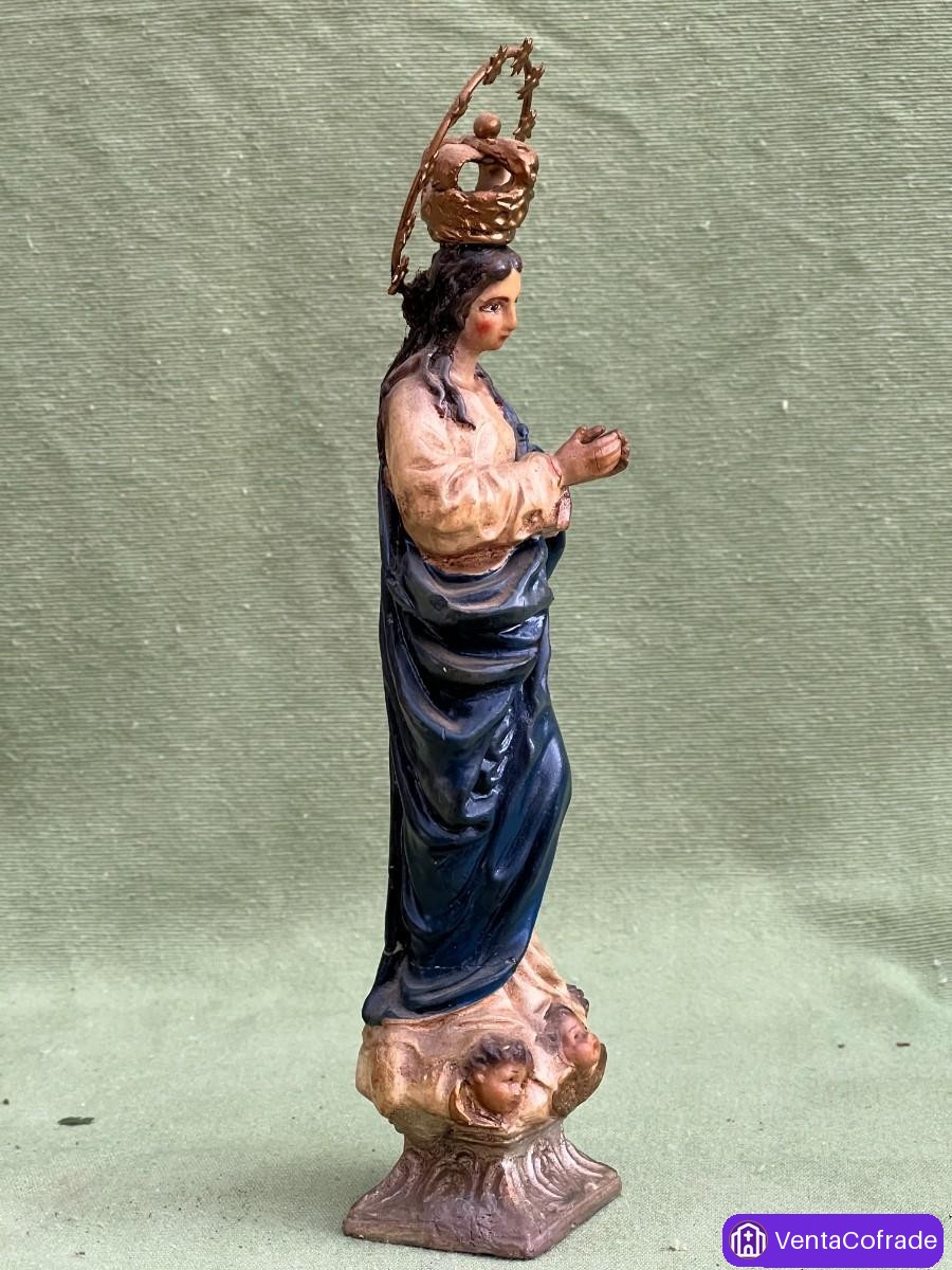 Virgen Inmaculada Concepción antigua s.XIX en estaño policromado con corona y halo originales - foto 3