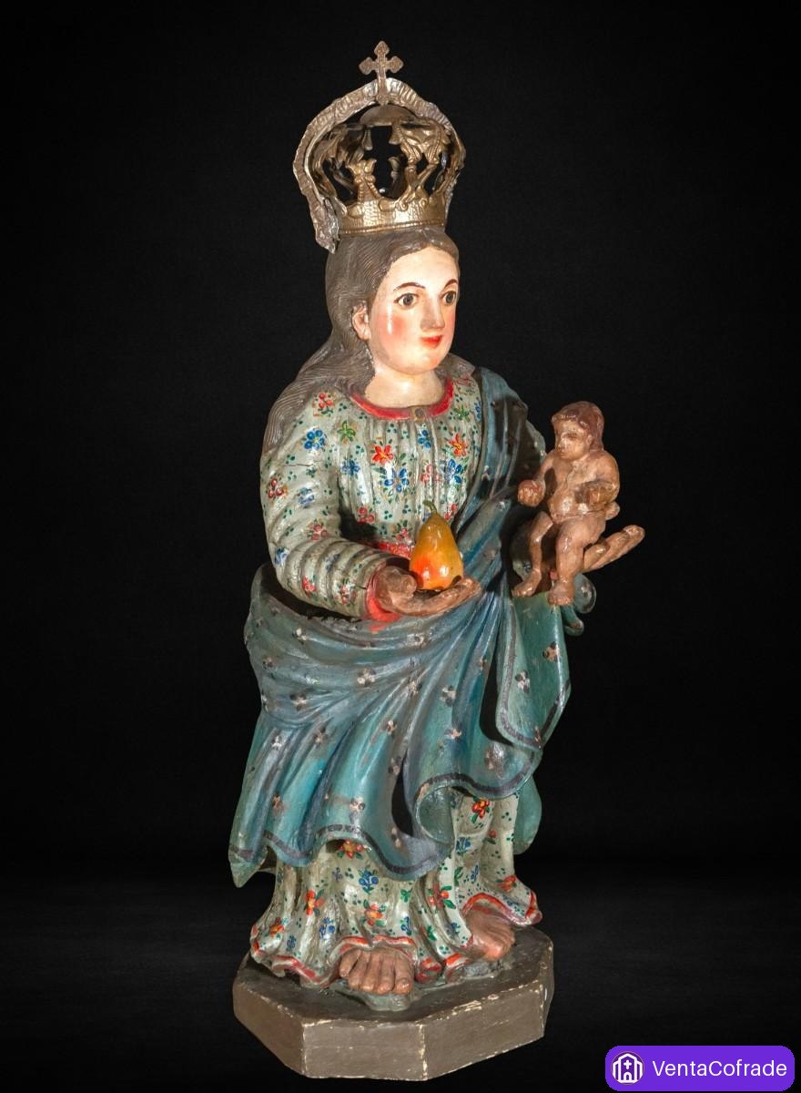 Virgen de la Pera con Niño, talla colonial en madera policromada, siglo XVIII - foto 6