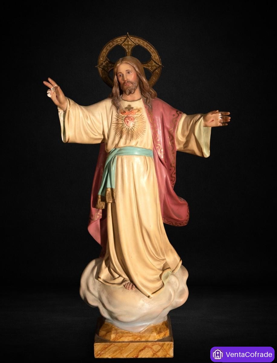 Sagrado Corazón de Jesús en nube, escultura de Olot policromada, 43 cm, primera mitad del siglo XX - foto 1