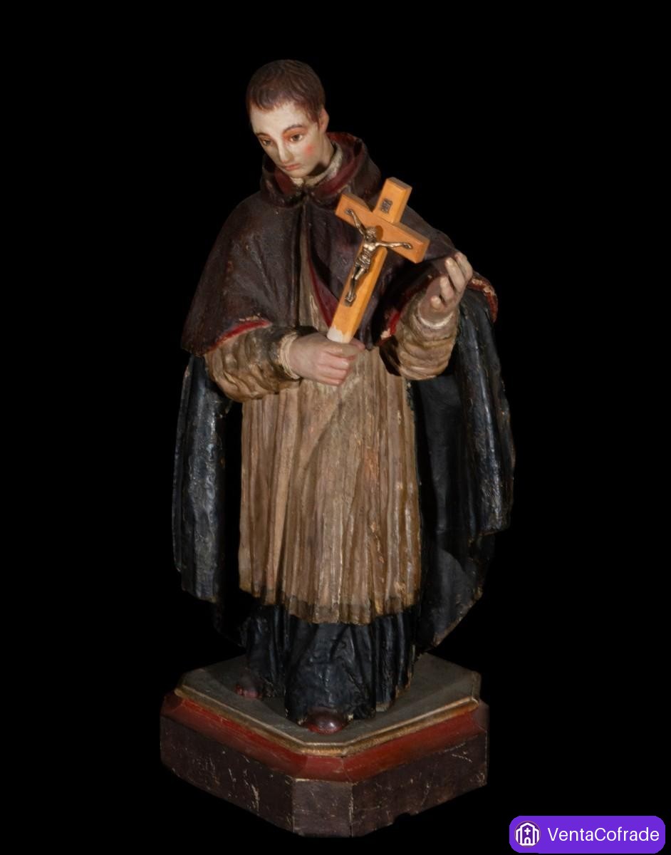 San Luis Gonzaga barroco en madera tallada y policromada, siglo XVII, 49 cm - foto 4