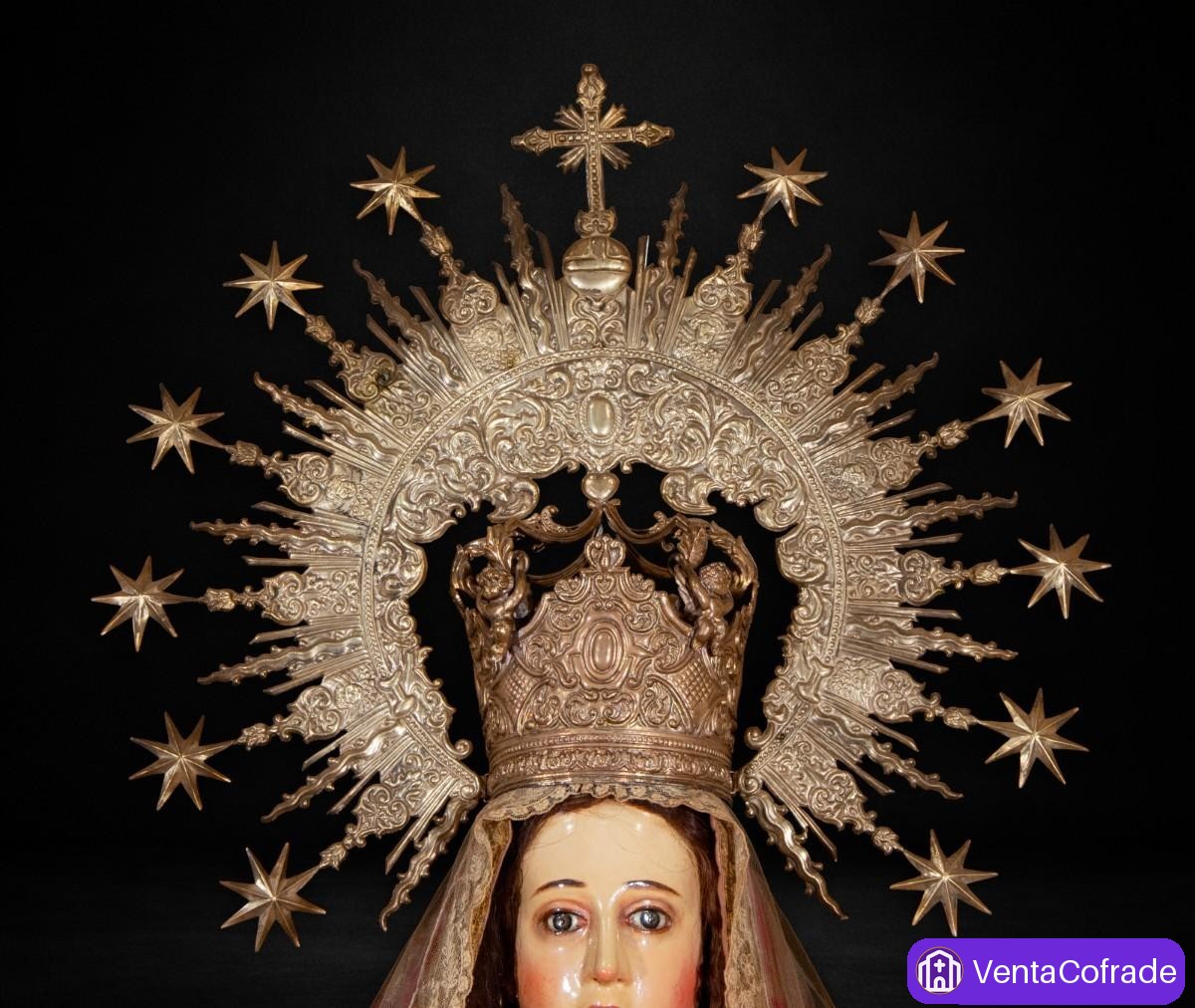 Gran Virgen de la Pera virreinal peruana s. XVII-XVIII con Niño, corona y ráfaga de plata - foto 6