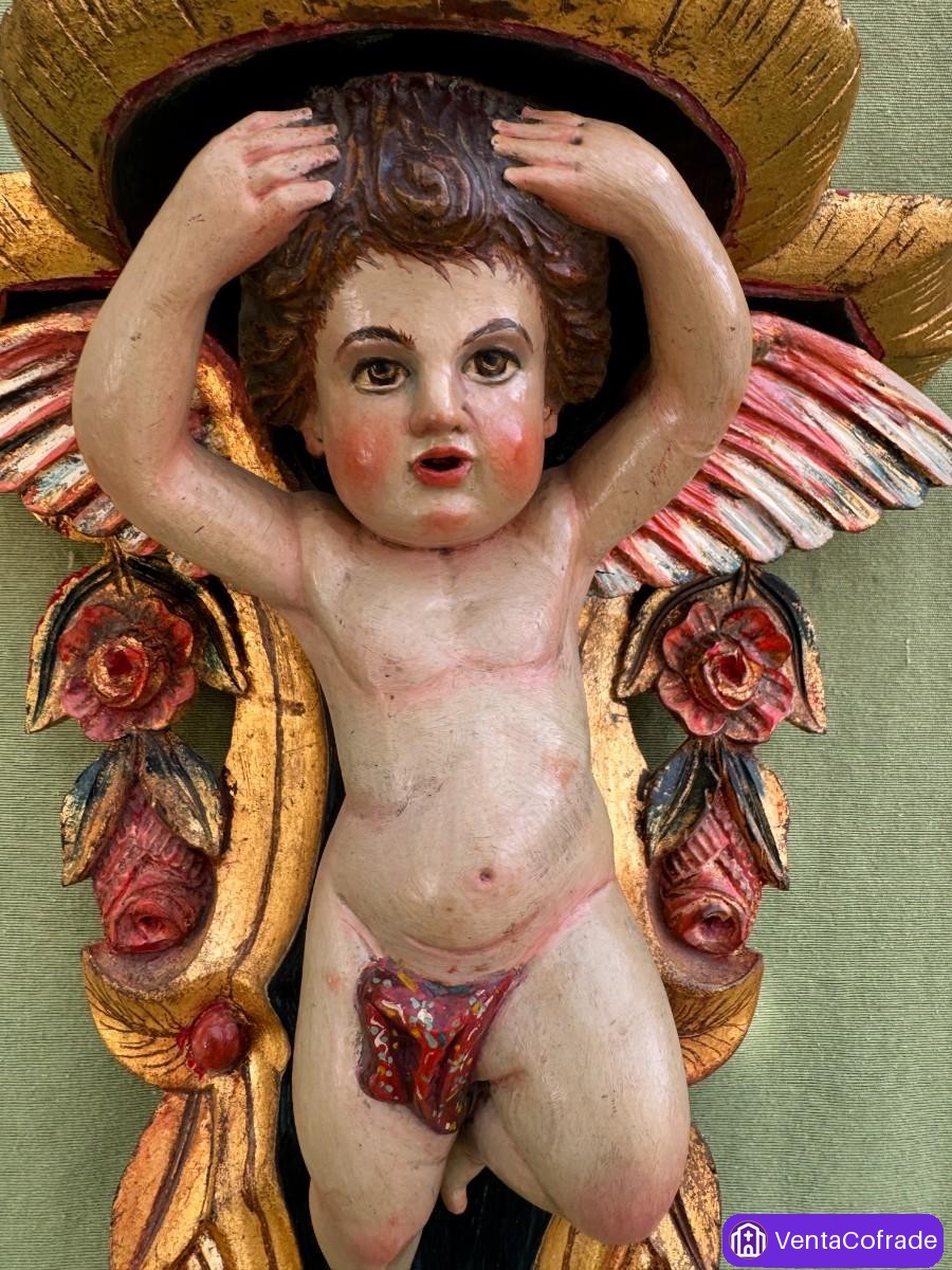 Ménsula con putto alado en madera policromada, estilo Arte Martínez, siglo XX - foto 3