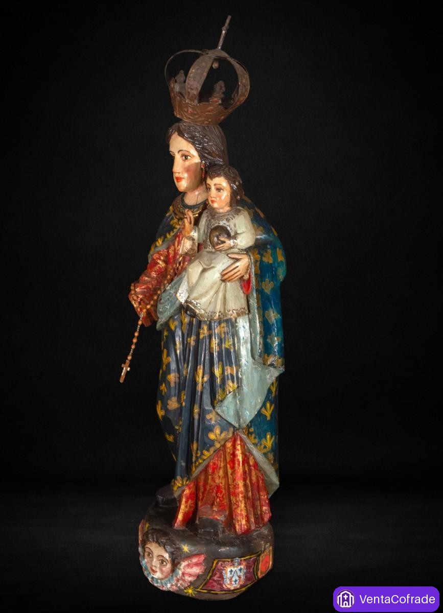 Virgen del Rosario con Niño, gran talla colonial en madera policromada, siglo XVIII, 100 cm - foto 4