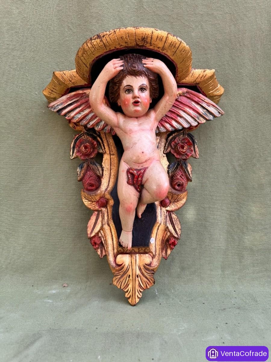 Ménsula con putto alado en madera policromada, estilo Arte Martínez, siglo XX - foto 1