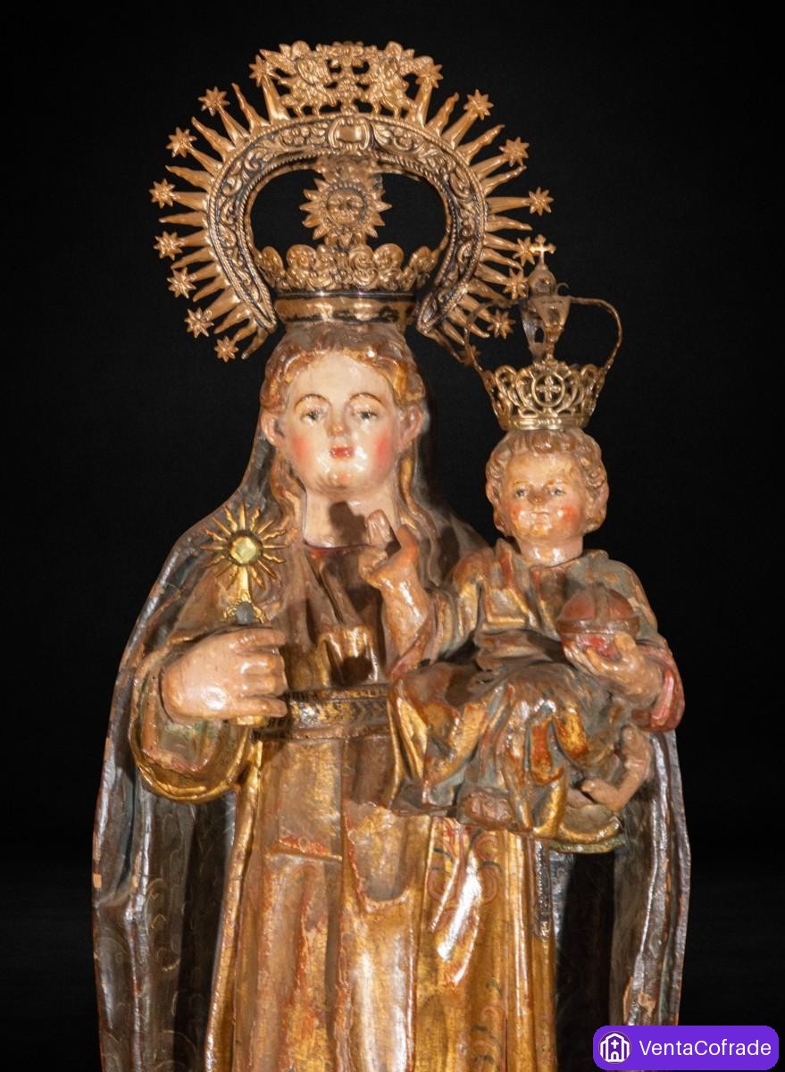 Virgen con Niño talla madera policromada y dorada España c.1600 coronas antiguas - foto 2
