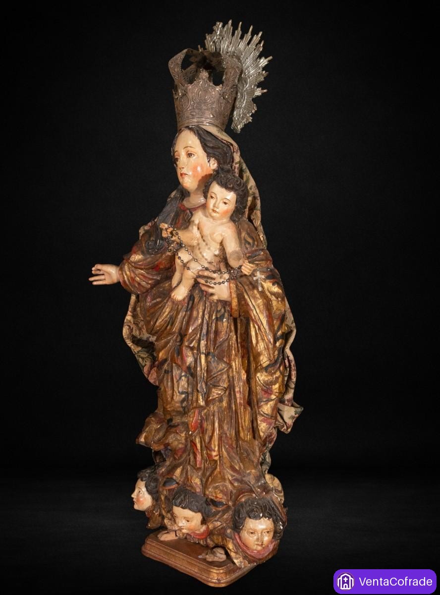 Virgen del Rosario virreinal peruana, madera policromada y dorada, corona de plata, s. XVIII-XIX - foto 5