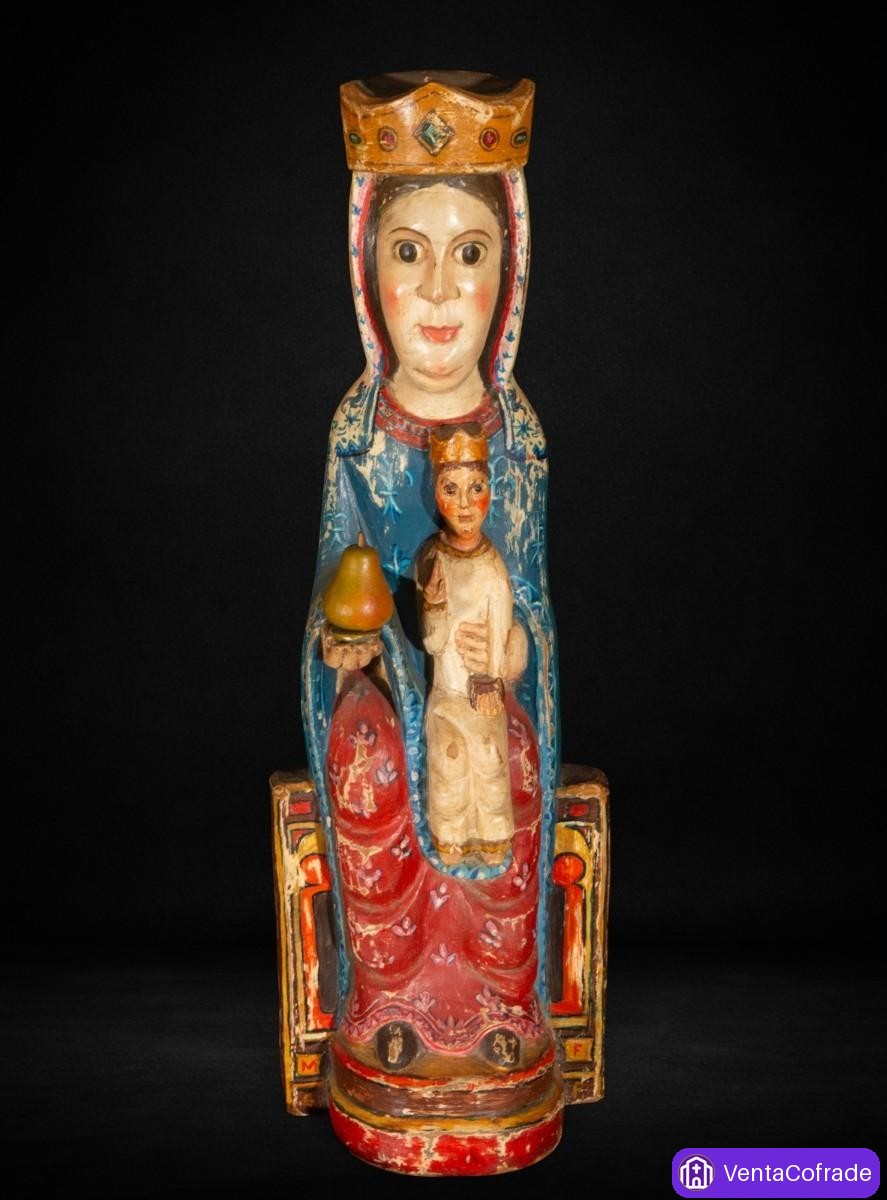 Virgen románica con el Niño entronizada, talla en madera policromada estilo románico, 60 cm - foto 1