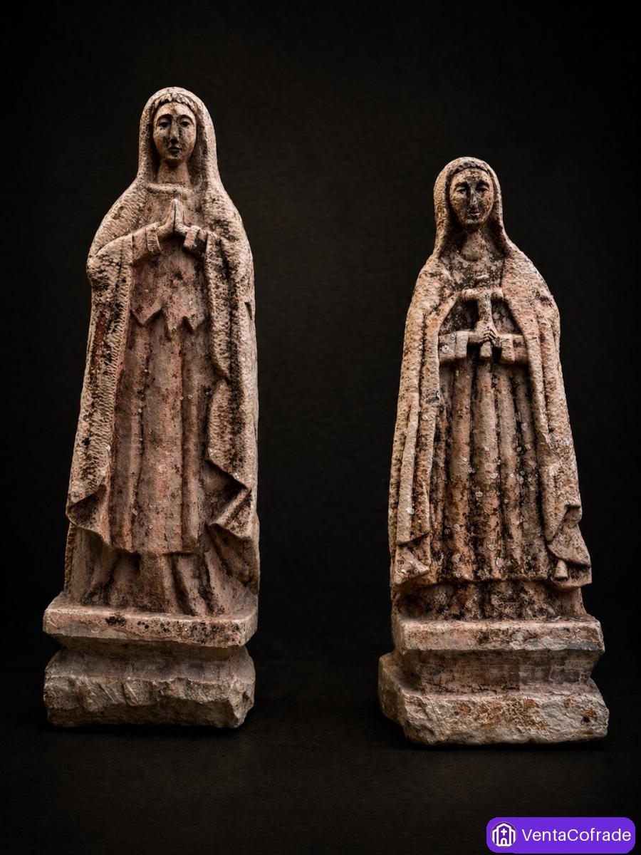 Pareja de esculturas religiosas en granito, estilo gótico, 57 y 52 cm. S XIX - foto 3