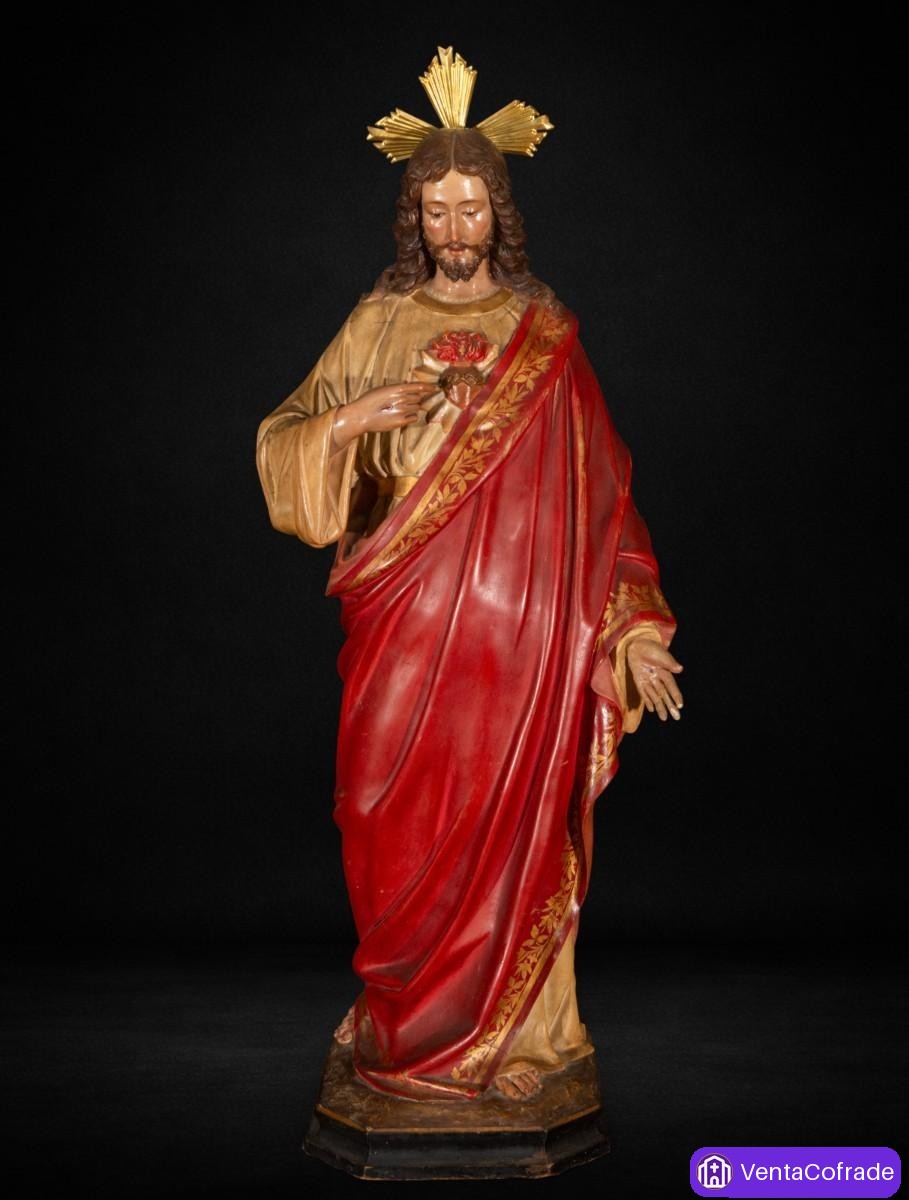 Sagrado Corazón de Jesús talla policromada Olot gran formato 82 cm sello original 1920-1940 - foto 1