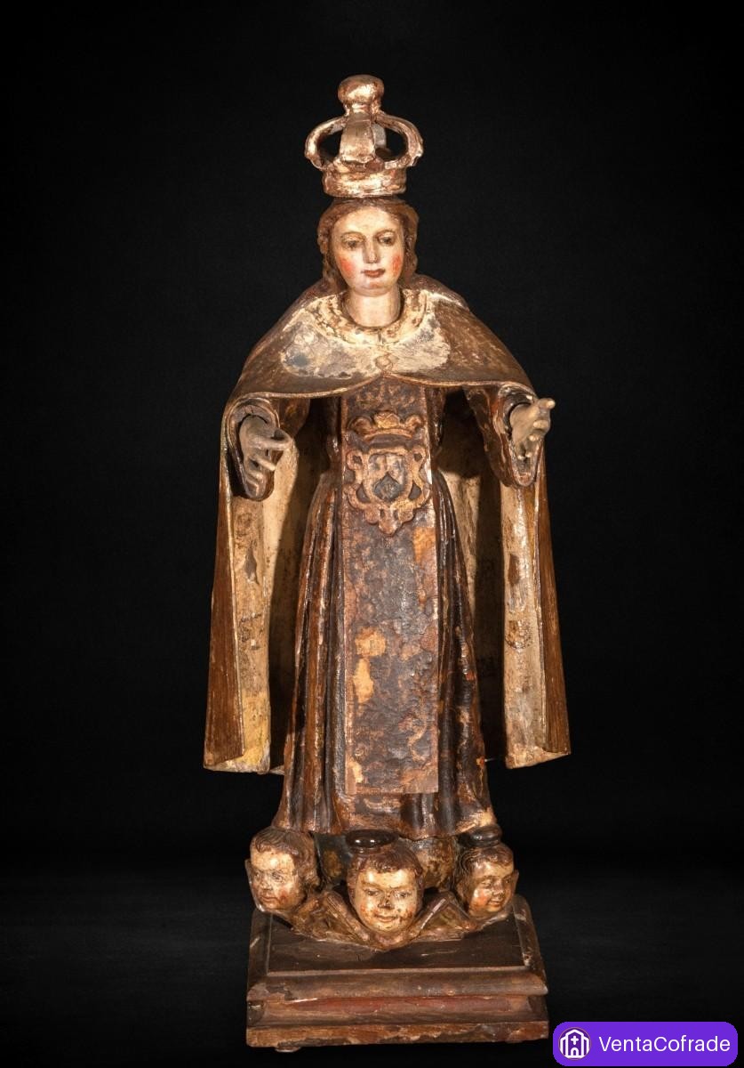 Virgen del Carmen talla en madera policromada Siglo XVII-XVIII con querubines - foto 1