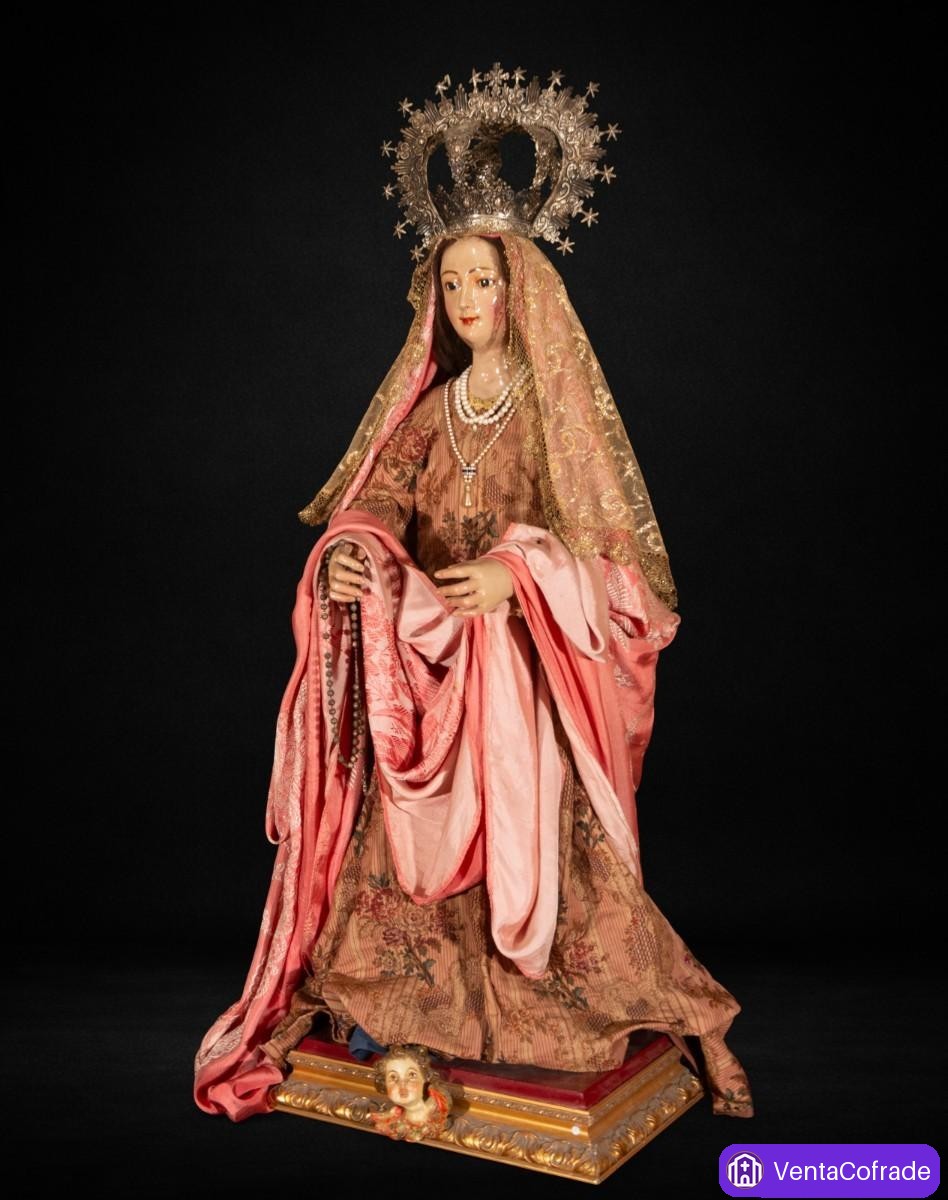 Gran talla virreinal andina en maguey con corona peruana de alpaca. Virgen del Rosario, s. XVII-XVII - foto 5