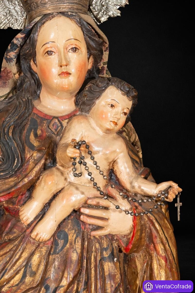 Virgen del Rosario virreinal peruana, madera policromada y dorada, corona de plata, s. XVIII-XIX - foto 3