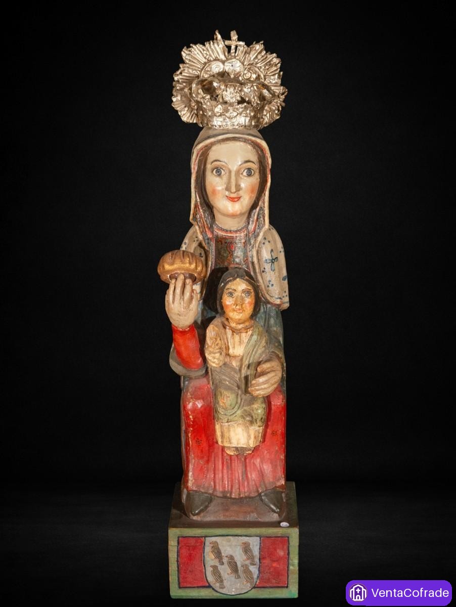 Virgen con Niño en trono, talla en madera policromada estilo románico, - foto 1