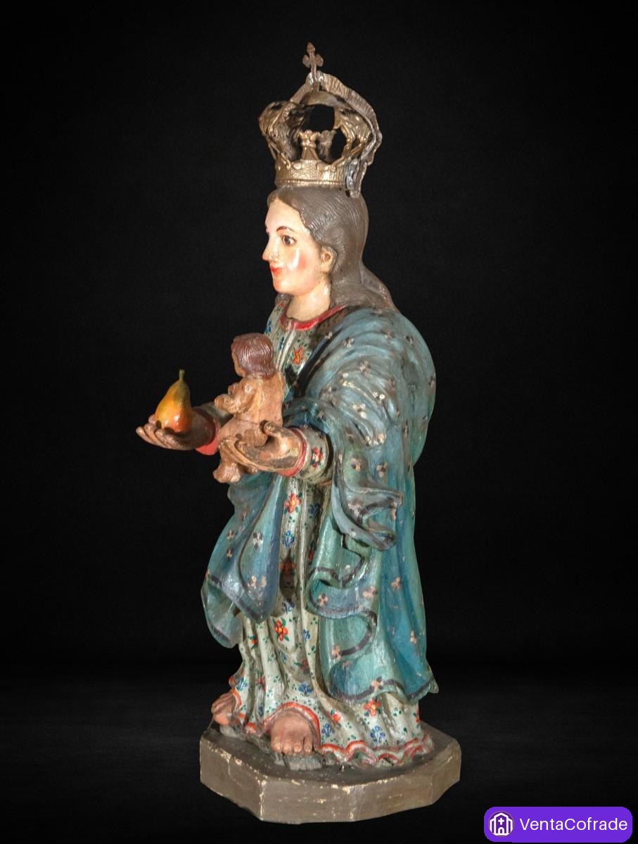 Virgen de la Pera con Niño, talla colonial en madera policromada, siglo XVIII - foto 4