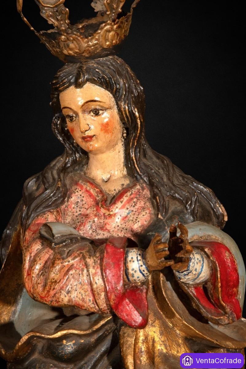 Virgen Purísima barroca, talla en madera policromada, siglo XVII, 65 cm - foto 4