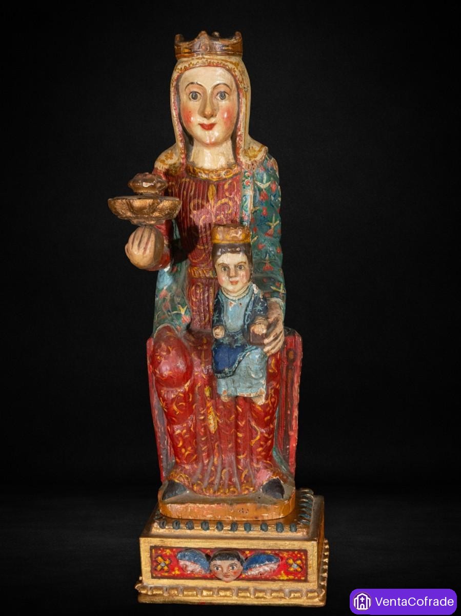 Virgen con Niño estilo románico, imponente talla en madera policromada de 53 cm - foto 1