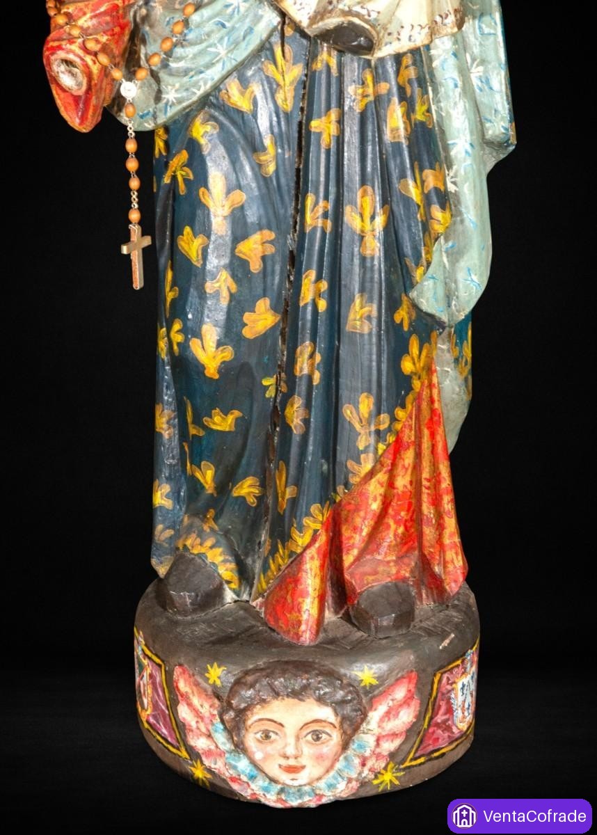 Virgen del Rosario con Niño, gran talla colonial en madera policromada, siglo XVIII, 100 cm - foto 3