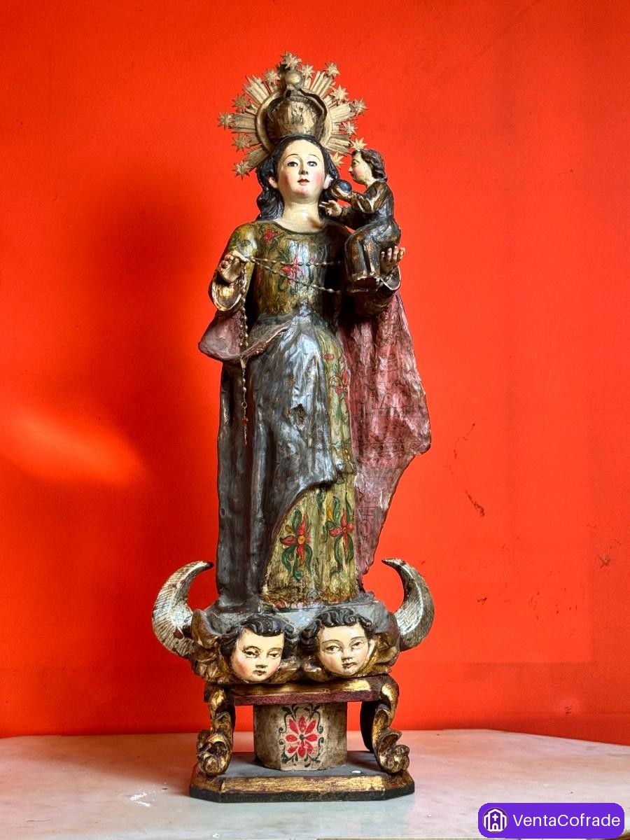 Virgen con Niño colonial del Perú, madera de maguey policromada, siglo XVIII - foto 6