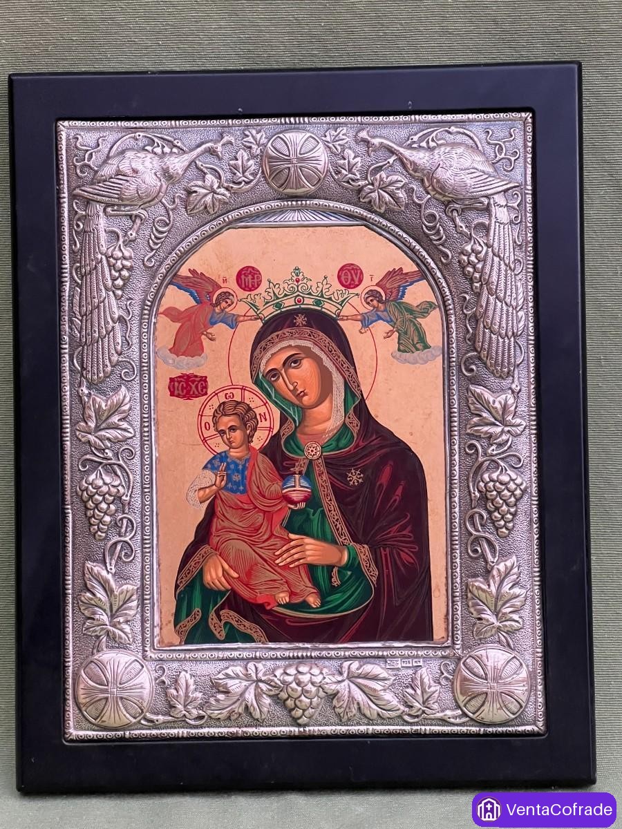 Icono Bizantino de la Virgen con el Niño, Pintado a Mano sobre Madera, Marco en Plata de Ley 925 - foto 1