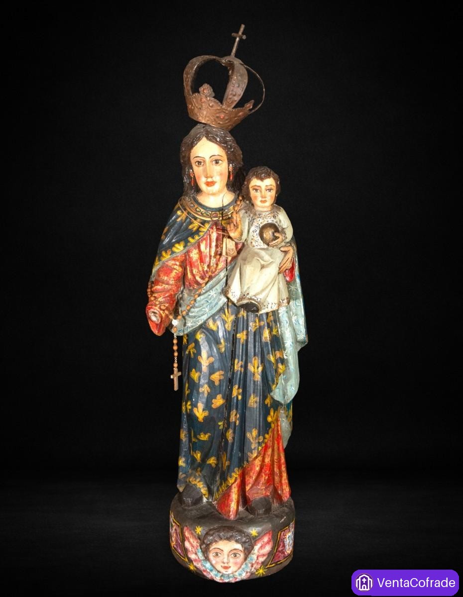 Virgen del Rosario con Niño, gran talla colonial en madera policromada, siglo XVIII, 100 cm - foto 1