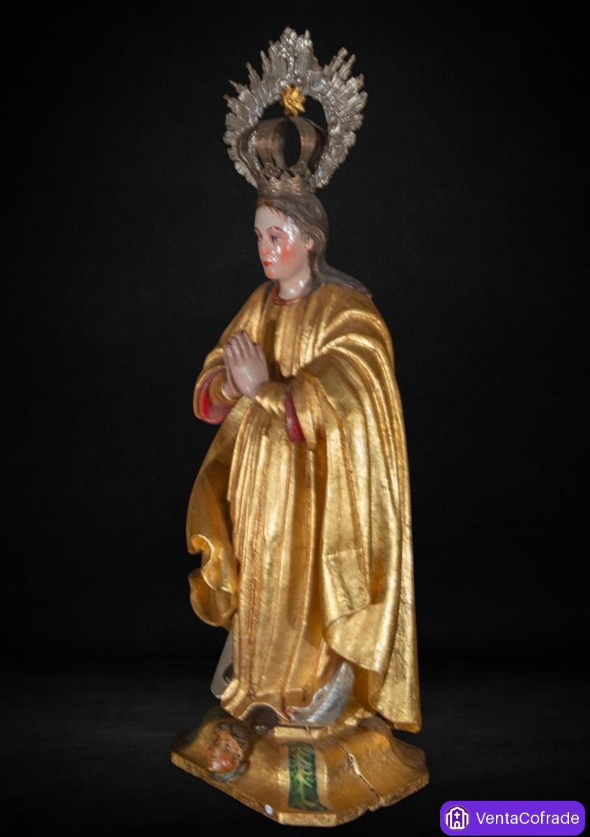 Virgen Inmaculada Colonial Hispanoamericana Madera Dorada XVIII-XIX 67 cm - foto 5