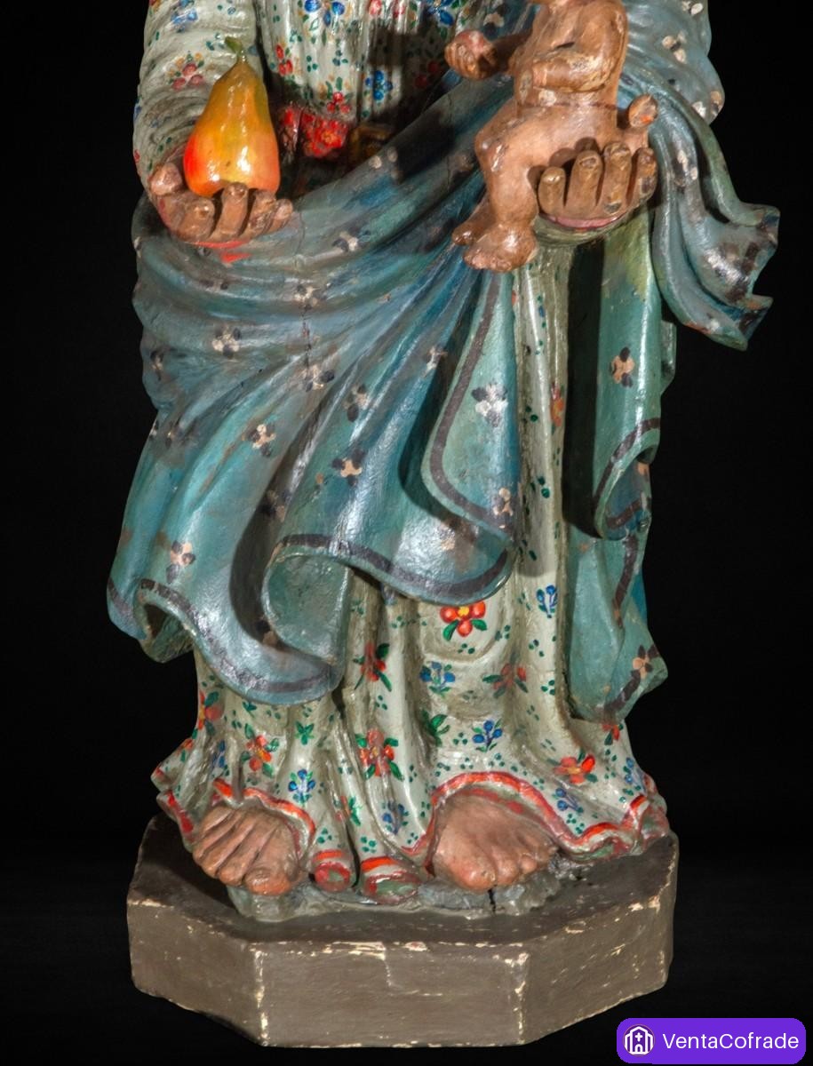 Virgen de la Pera con Niño, talla colonial en madera policromada, siglo XVIII - foto 3