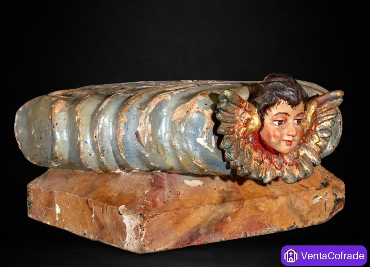 Peana con querubín alado en madera tallada y policromada, estilo barroco - foto 4