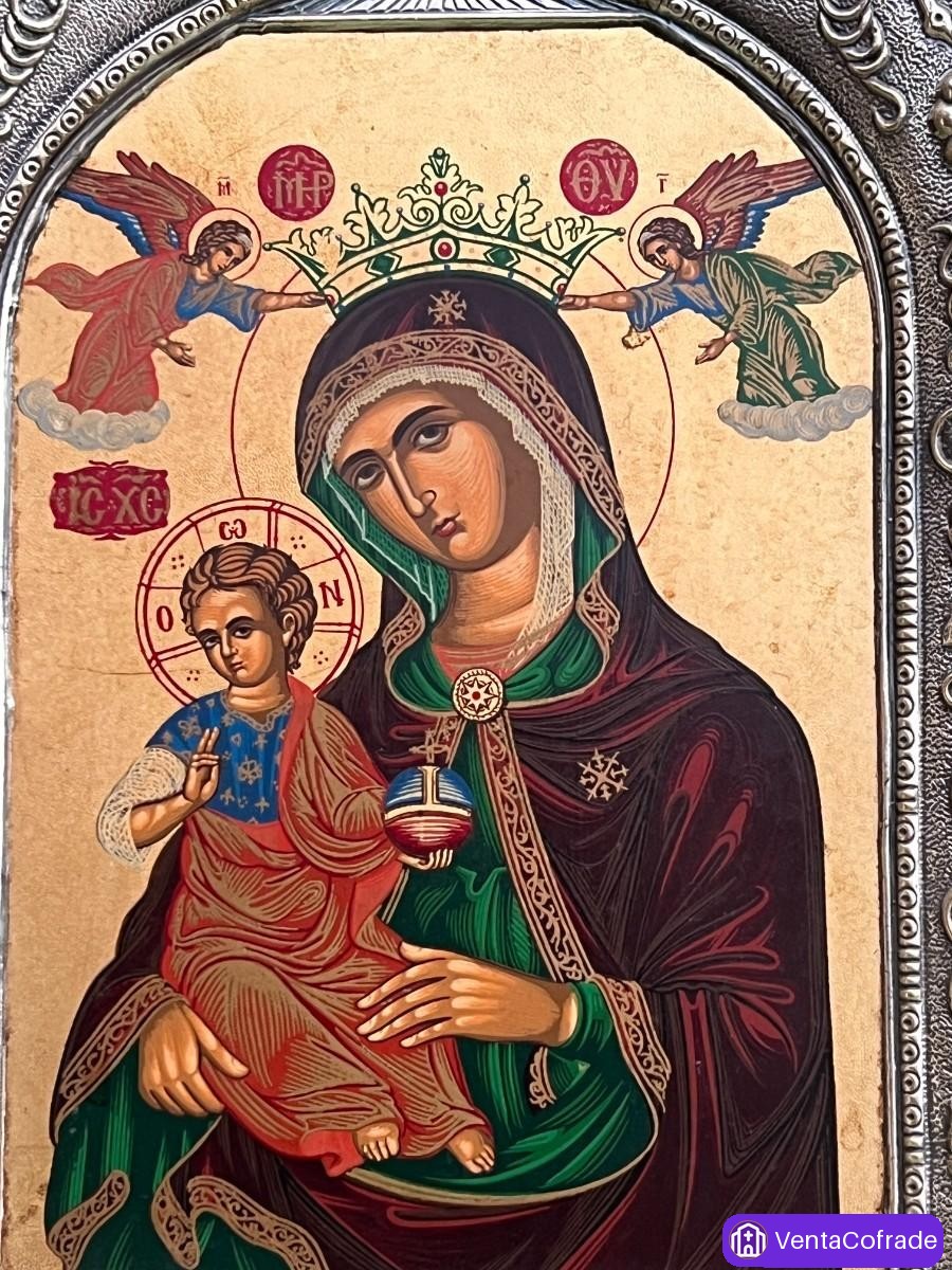 Icono Bizantino de la Virgen con el Niño, Pintado a Mano sobre Madera, Marco en Plata de Ley 925 - foto 4