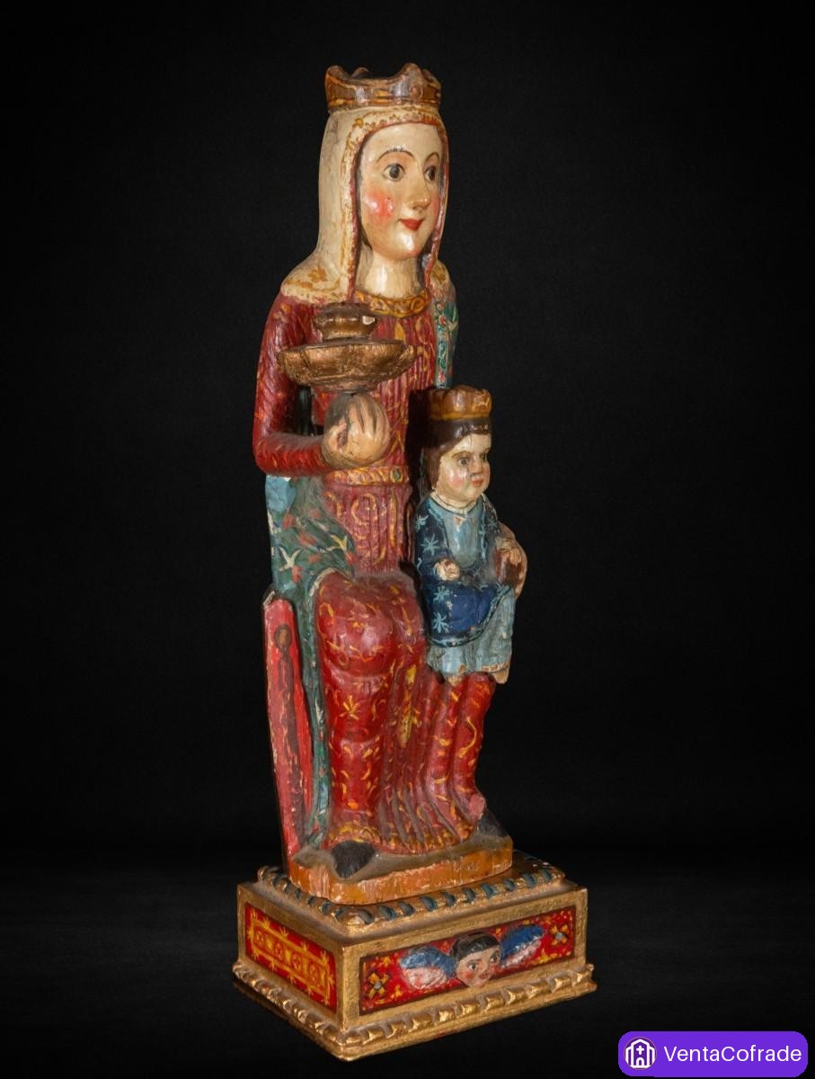 Virgen con Niño estilo románico, imponente talla en madera policromada de 53 cm - foto 4