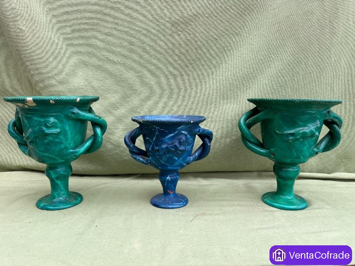 Conjunto de tres copas decorativas neoclásicas de cerámica pintada a mano | Estilo malaquita - foto 1