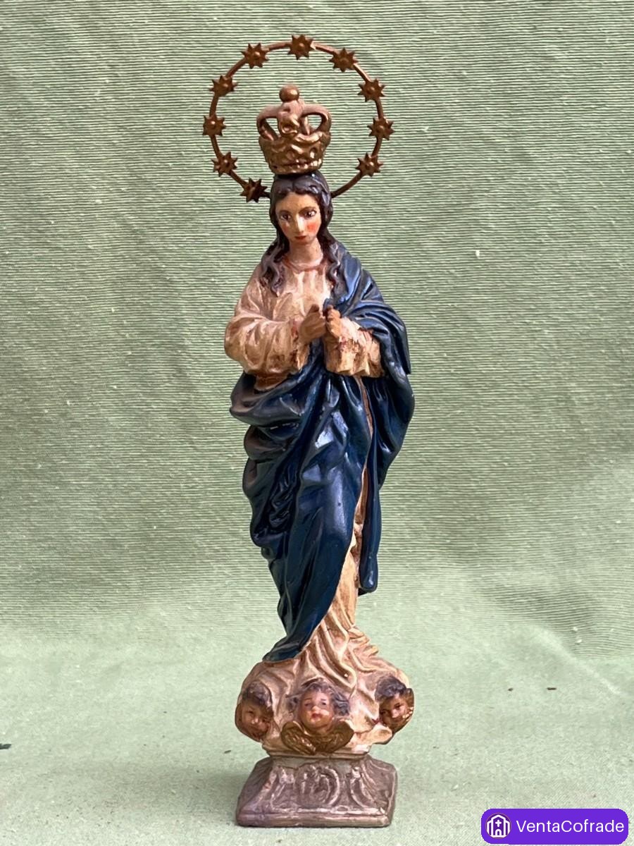 Virgen Inmaculada Concepción antigua s.XIX en estaño policromado con corona y halo originales - foto 1