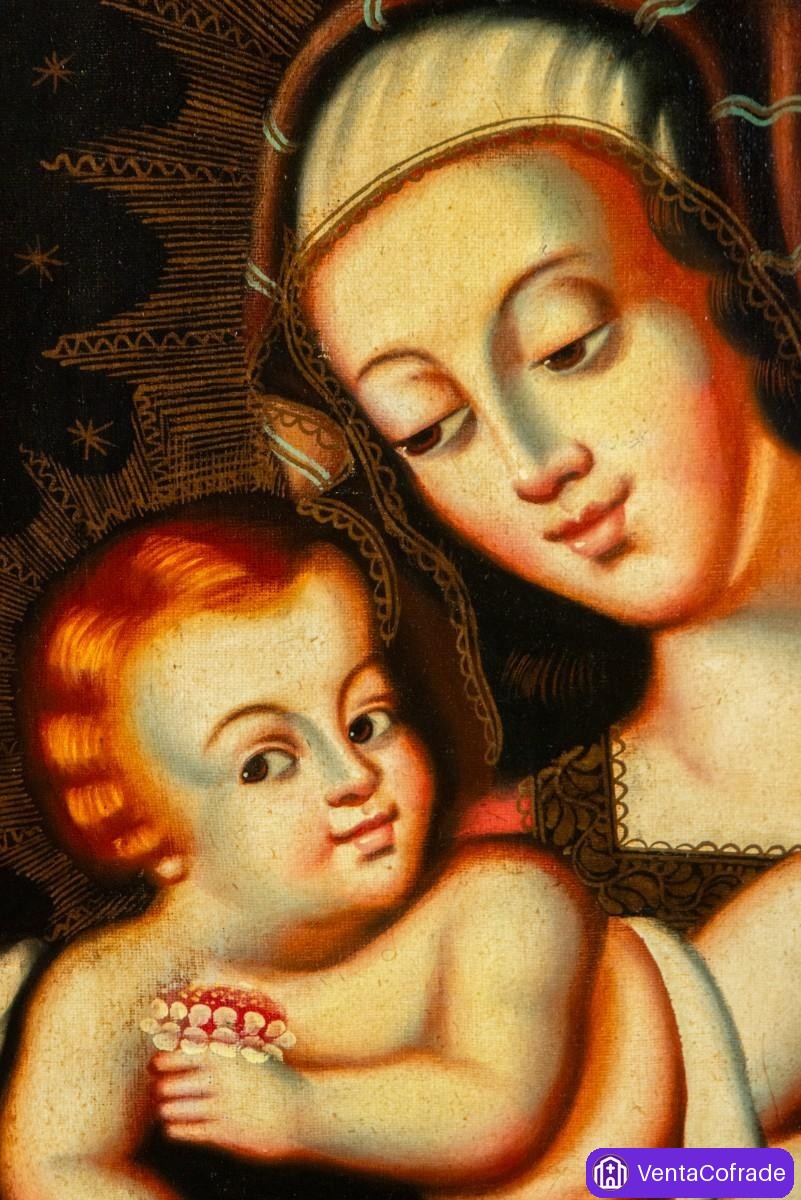 Virgen con Niño, óleo colonial andino, escuela cuzqueña, siglo XIX, 78 cm - foto 3